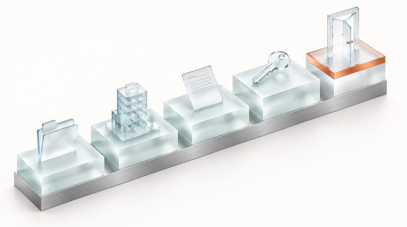 Fünf Glasstufen auf einem Silberband, jede mit einem kleinen Objekt, die letzte mit Kupferkante