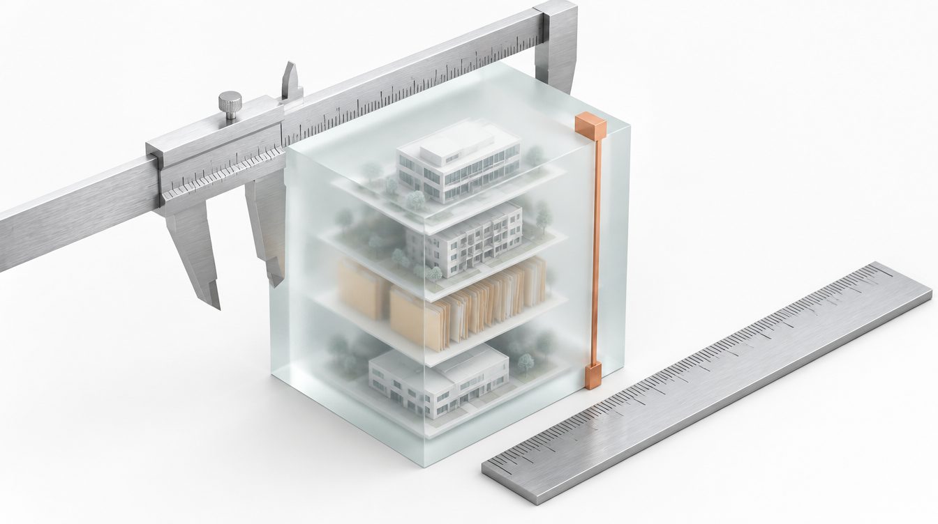 Silberne Messinstrumente vermessen einen Glasblock mit geschichteten Gebäudemodellen, eine Kupferlinie