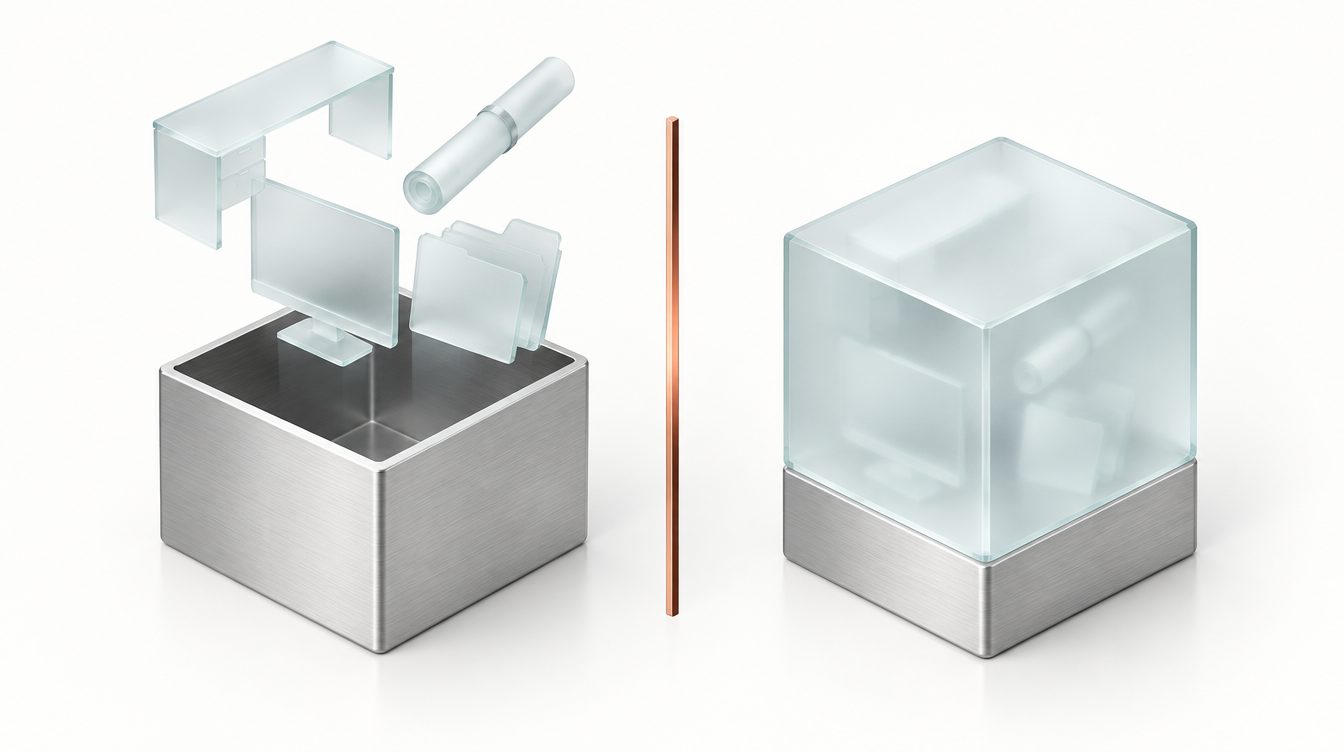 Zwei Silberboxen: links einzelne Glasobjekte, rechts ein geschlossener Glasw&uuml;rfel, dazwischen eine Kupferlinie