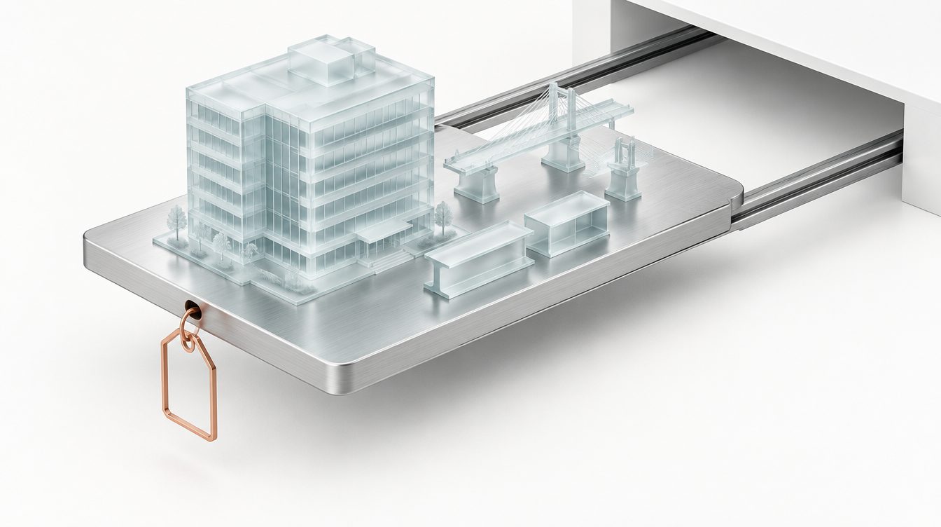 Glasmodell eines Ingenieurbüros mit Brückensegment und Trägern auf einem Silbertablett auf Schienen