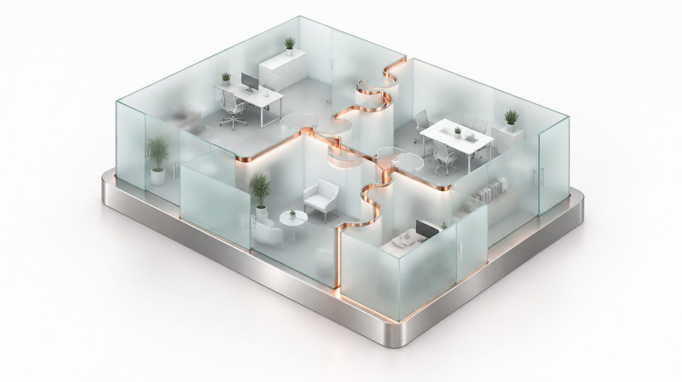 Kleine Glasschreibtisch-Module fügen sich wie Puzzleteile zu einer Plattform, die Naht leuchtet kupfern