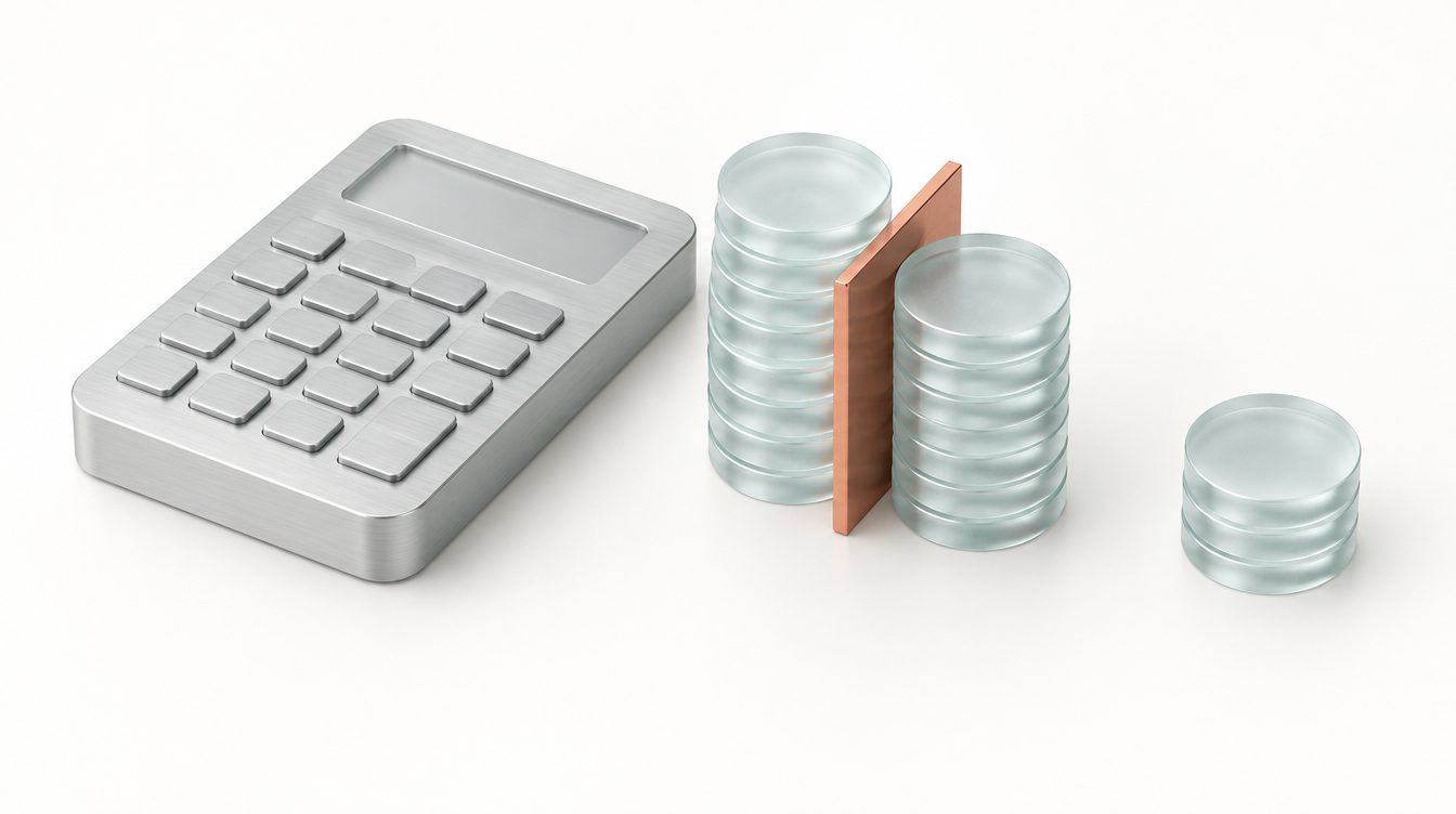 Ein silberner Block ohne Ziffern neben Glasmünzen, die eine Kupferklinge in zwei Stapel teilt